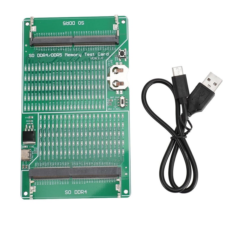 DDR4 DDR5 Memory Tester, 2 in 1 Multifunctional Memory Slot Test Card with LED Indicator, USB C Input, for Laptop DDR4 DDR5 Memory Testing, Green PCB with Fixing Mount - Image 1