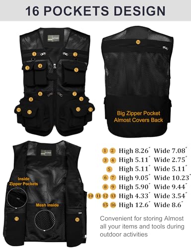Flygo Men's Fishing Vest Utility Lightweight Outdoor Travel Safari Photo Cargo Vest with 16 pockets mesh Black L - Image 2