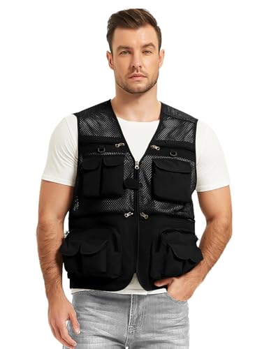 Flygo Men's Fishing Vest Utility Lightweight Outdoor Travel Safari Photo Cargo Vest with 16 pockets mesh Black L - Image 3