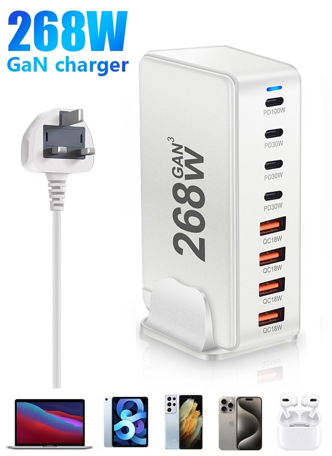 PINREK - 268W GaN Type C Charger,  8 Port Type C Fast Charging Station Hub Block, Wall Charger Power Strip Adapter Plug Cube 5 PD USB C 3 QC USB A Laptop Charger for MacBook Air Sumsung S24 iPhone 15 14  iPad - Image 1