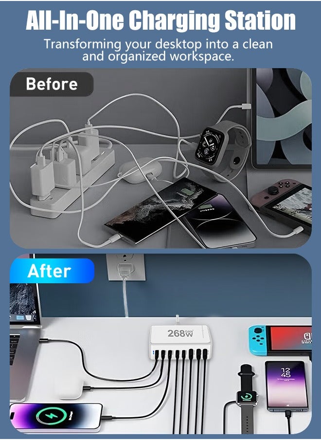 PINREK - 268W GaN Type C Charger,  8 Port Type C Fast Charging Station Hub Block, Wall Charger Power Strip Adapter Plug Cube 5 PD USB C 3 QC USB A Laptop Charger for MacBook Air Sumsung S24 iPhone 15 14  iPad - Image 1