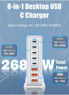 PINREK 268W GaN Type C Charger,  8 Port Type C Fast Charging Station Hub Block, Wall Charger Power Strip Adapter Plug Cube 5 PD USB C 3 QC USB A Laptop Charger for MacBook Air Sumsung S24 iPhone 15 14  iPad  - Image 2