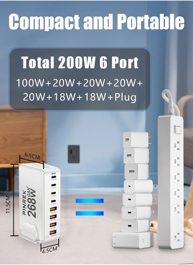 PINREK - 268W GaN Type C Charger,  8 Port Type C Fast Charging Station Hub Block, Wall Charger Power Strip Adapter Plug Cube 5 PD USB C 3 QC USB A Laptop Charger for MacBook Air Sumsung S24 iPhone 15 14  iPad - Image 1