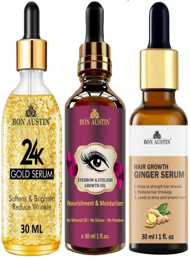 Bon Austin 24K Gold Face Serum, Eyebrow and Eyelash Growth Oil (Helps to Growth Eyebrows & Eyelash) & Hair Growth Ginger Serum (Reduce Hair Fall) Each, 30ml - Combo of 3 Items - Image 2