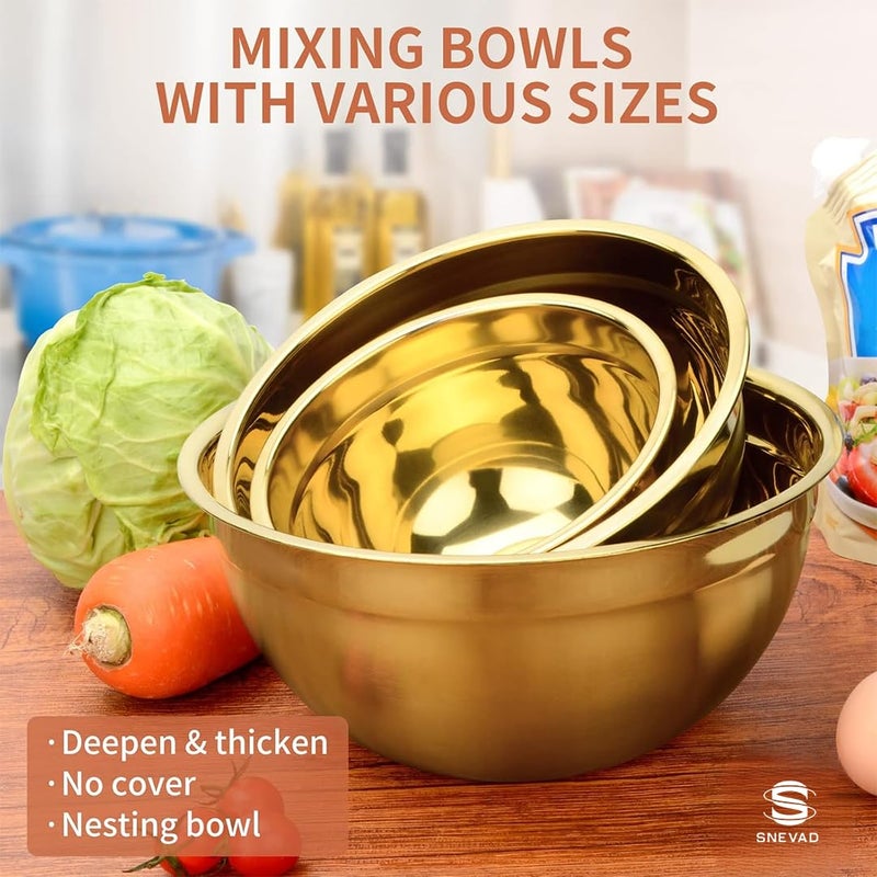 Snevad Snevad Gold Stainless Steel Mixing Bowls Nesting Mixing Bowls Set Serving Bowls for Salad, Pasta, Snacks Decorative Set Dishwasher Safe Modern Serving Bowls for Entertaining Elegant Kitchen Bowl Set - Image 3