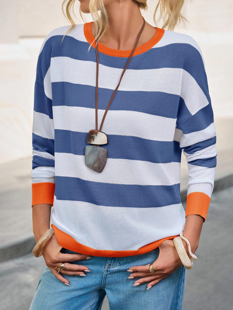 Yousify Womens Striped Sweater Tops Color Block Casual Loose Fit Shirts Long Sleeve Knit Lightweight Pullovers Navy Blue - Image 5