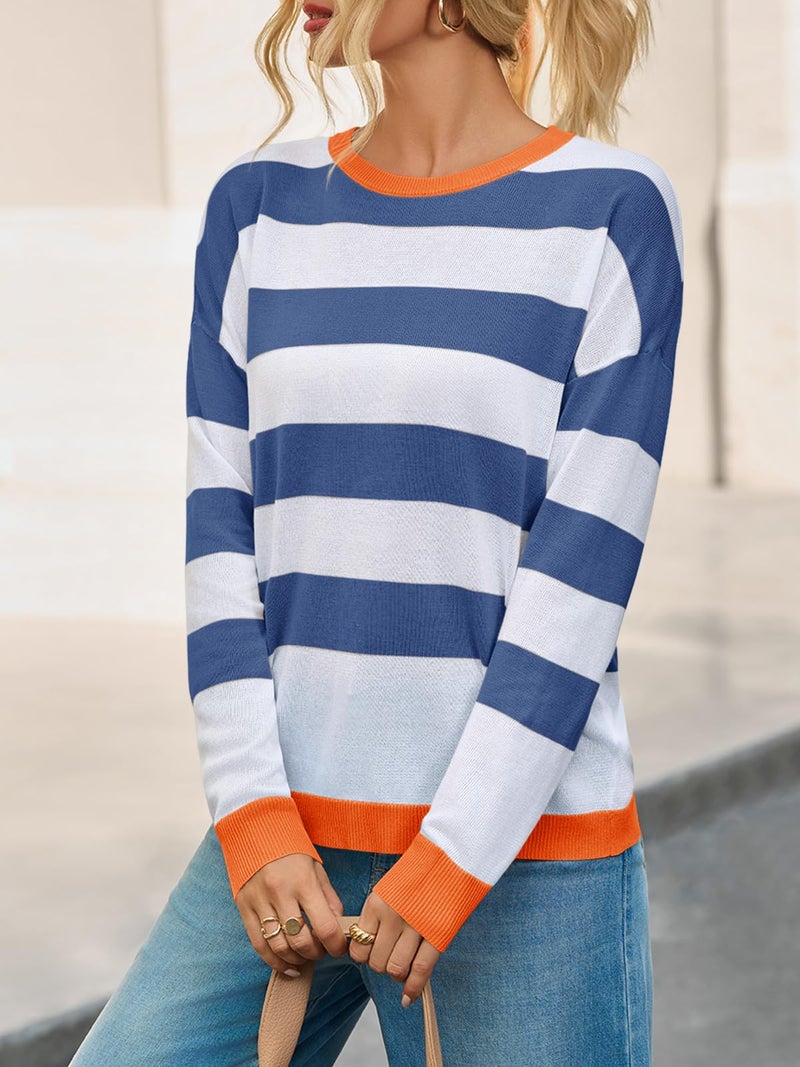 Yousify Womens Striped Sweater Tops Color Block Casual Loose Fit Shirts Long Sleeve Knit Lightweight Pullovers Navy Blue - Image 3