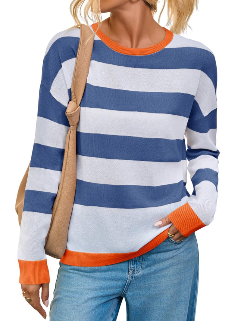 Yousify Womens Striped Sweater Tops Color Block Casual Loose Fit Shirts Long Sleeve Knit Lightweight Pullovers Navy Blue - Image 1