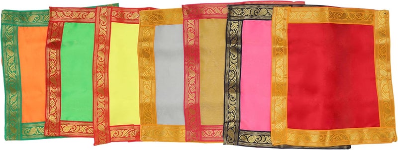Aditri Creation Set of 7 Small Pooja Cloth Mat Aasan Decorative Cloth (Size:-12 Inches X 12 Inches,) for Indian Traditional Multipurpose Pooja Decorations Item & Article Yellow Laxmi - Image 1