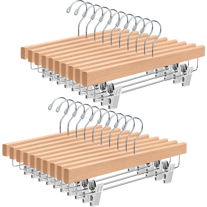 BAGAIL Wooden Pants Hangers with Adjustable Clips 360Swivel Hook Space Saving Skirt Holders with AntiRust Clips for Trousers Jeans Shorts 20Pack Natural