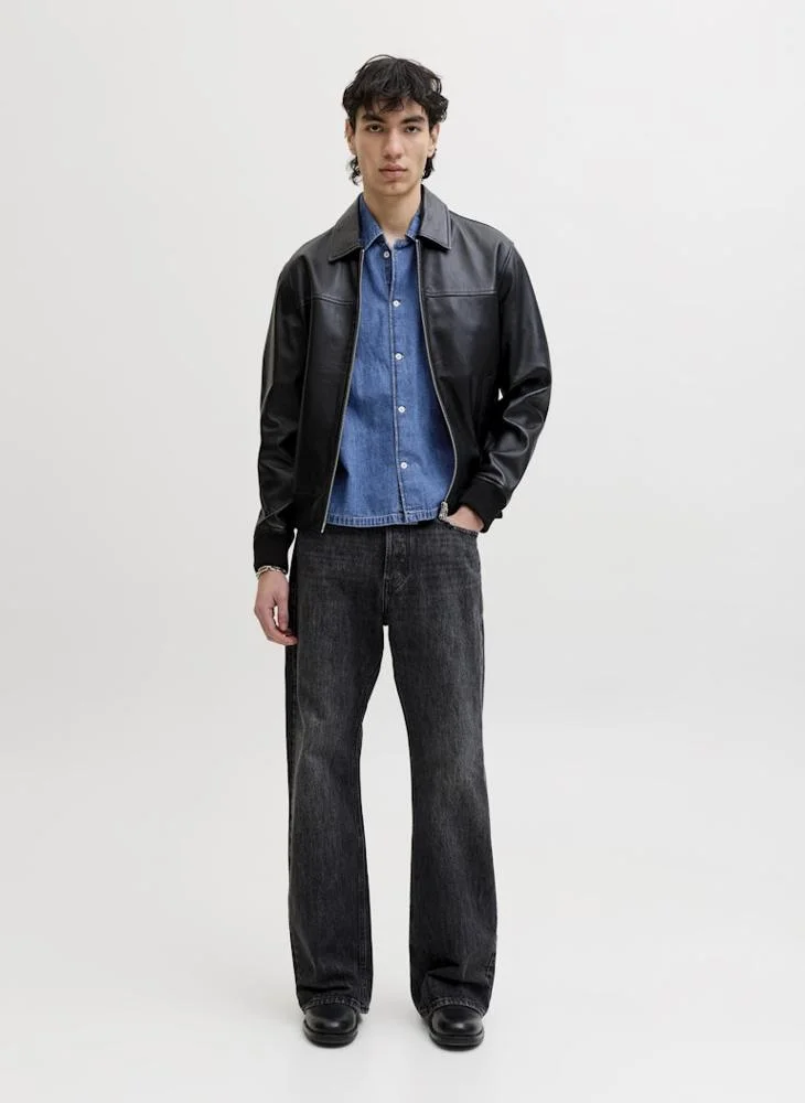 JACK & JONES Blue Denim MID BLUE Casual Short Sleeve Denim Shirt for Men | Best Price UAE