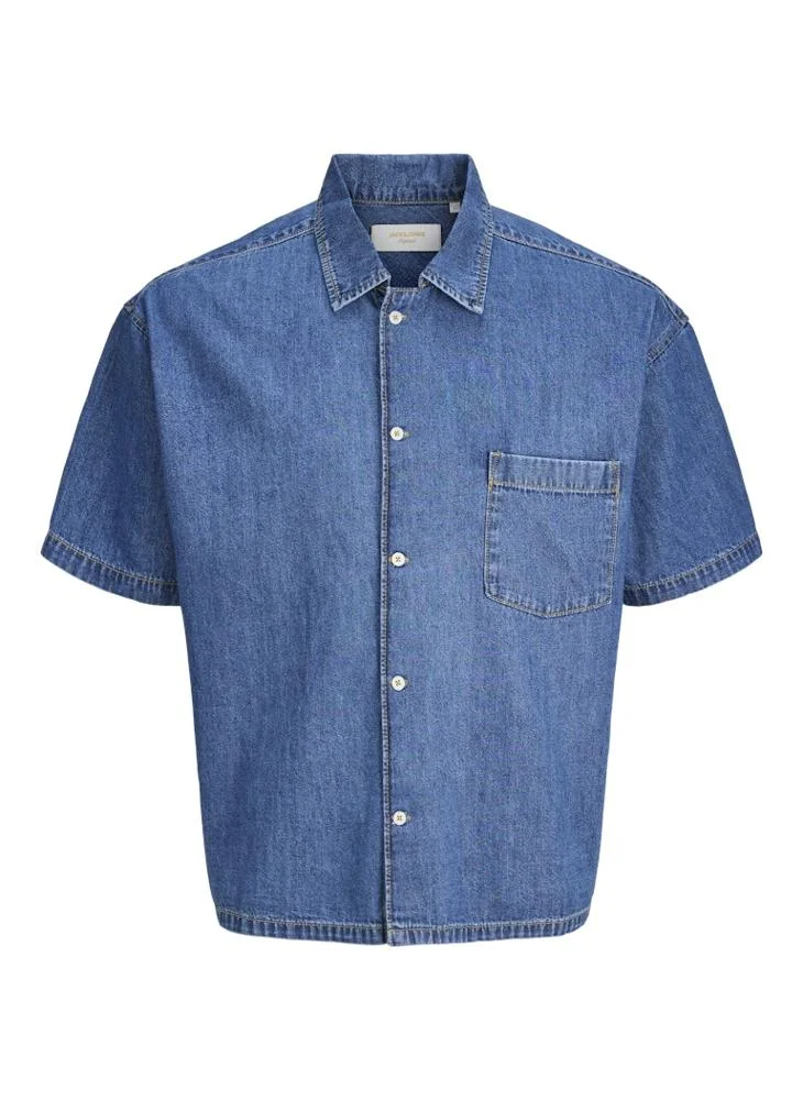JACK & JONES Blue Denim MID BLUE Casual Short Sleeve Denim Shirt for Men | Best Price UAE