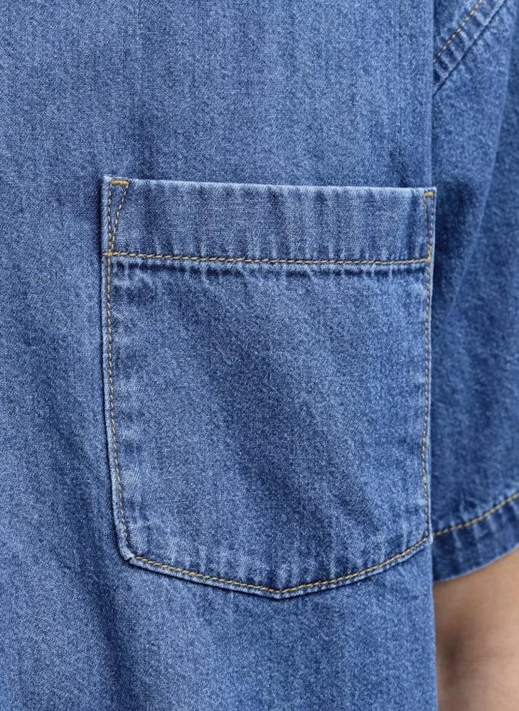 JACK & JONES Blue Denim MID BLUE Casual Short Sleeve Denim Shirt for Men | Best Price UAE