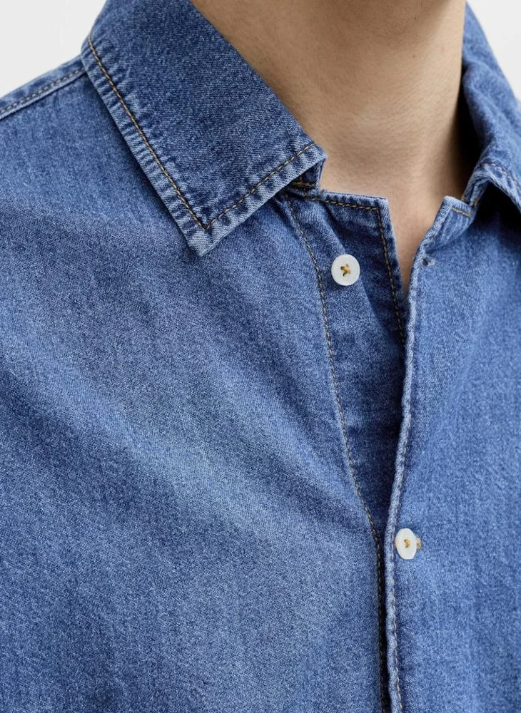 JACK & JONES Blue Denim MID BLUE Casual Short Sleeve Denim Shirt for Men | Best Price UAE