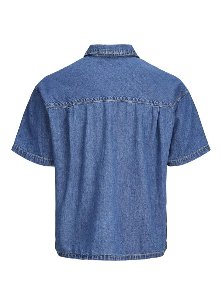 JACK & JONES Blue Denim MID BLUE Casual Short Sleeve Denim Shirt for Men | Best Price UAE