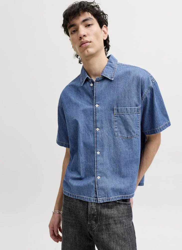 JACK & JONES Blue Denim MID BLUE Casual Short Sleeve Denim Shirt for Men | Best Price UAE