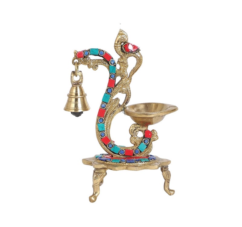 Two Moustaches Gemstone Work Ethnic Carved Peacock Design Brass Diya with Bell Brass Antique Oil Lamp Brass Diyas for Home Size 8 Inches Standard Pack of 1 - Image 2