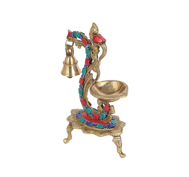 Two Moustaches Gemstone Work Ethnic Carved Peacock Design Brass Diya with Bell Brass Antique Oil Lamp Brass Diyas for Home Size 8 Inches Standard Pack of 1 - Image 4