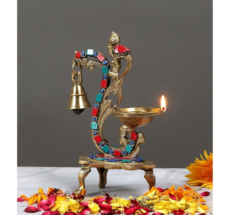 Two Moustaches Gemstone Work Ethnic Carved Peacock Design Brass Diya with Bell Brass Antique Oil Lamp Brass Diyas for Home Size 8 Inches Standard Pack of 1 - Image 5
