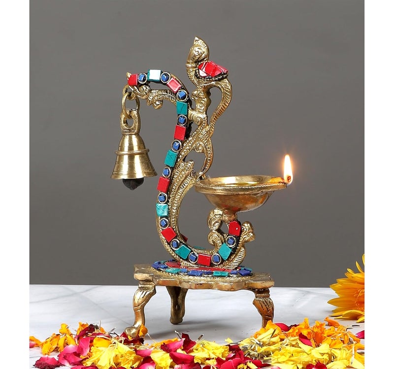 Two Moustaches Gemstone Work Ethnic Carved Peacock Design Brass Diya with Bell Brass Antique Oil Lamp Brass Diyas for Home Size 8 Inches Standard Pack of 1 - Image 3
