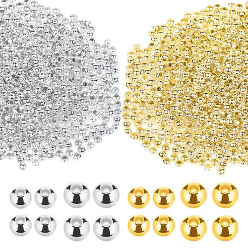 Zyghjort 2200 Pieces Gold Silver Spacer Beads Premium Metal Round Beads for DIY Bracelet Necklace Making Jewelry Crafting Supplies NonTarnish Iron Ball Bead in DualTone 24mm32mm - Image 1