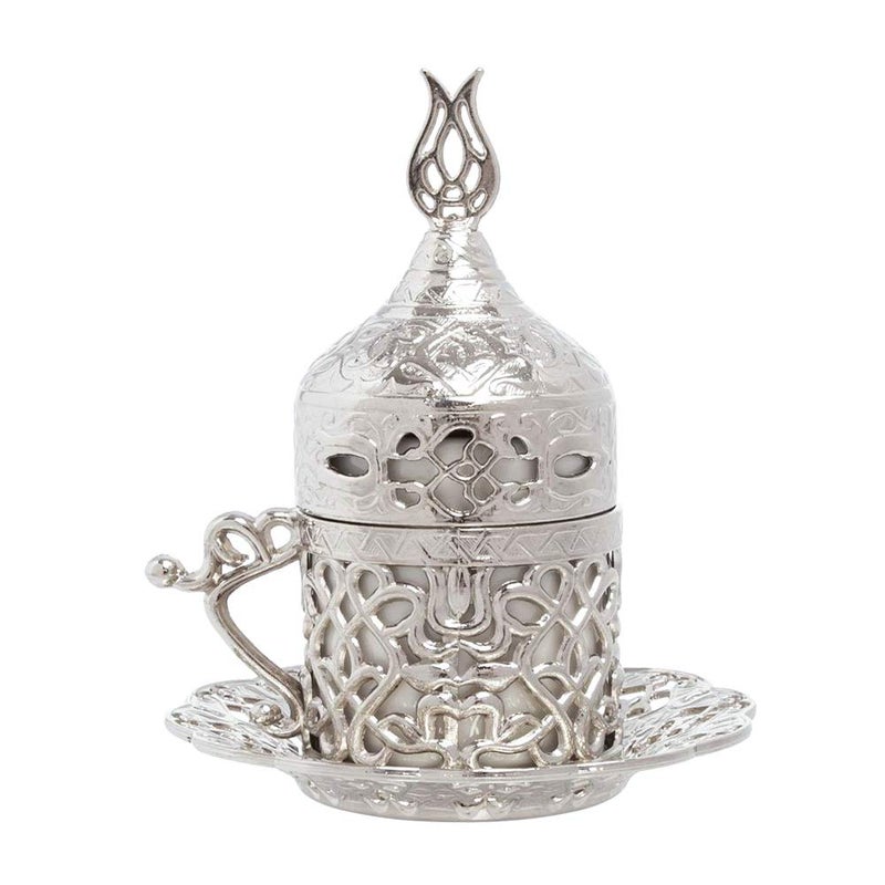Alisveristime Turkish Coffee Set For Two - Authentic Ottoman Style Cups  Saucers  And Serving Tray With Lale Motifs (Acur) (Silver) - Image 5