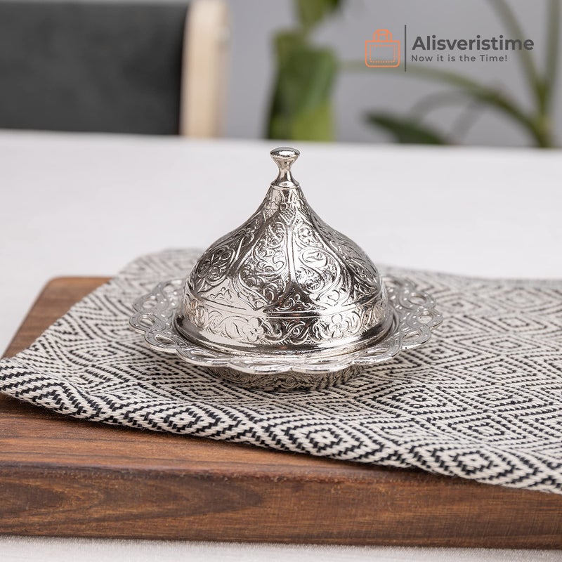 Alisveristime Turkish Coffee Set For Two - Authentic Ottoman Style Cups  Saucers  And Serving Tray With Lale Motifs (Acur) (Silver) - Image 3