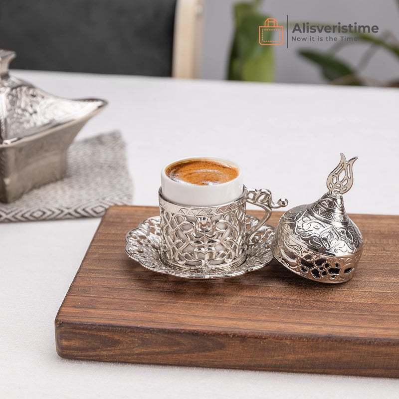 Alisveristime Turkish Coffee Set For Two - Authentic Ottoman Style Cups  Saucers  And Serving Tray With Lale Motifs (Acur) (Silver) - Image 2