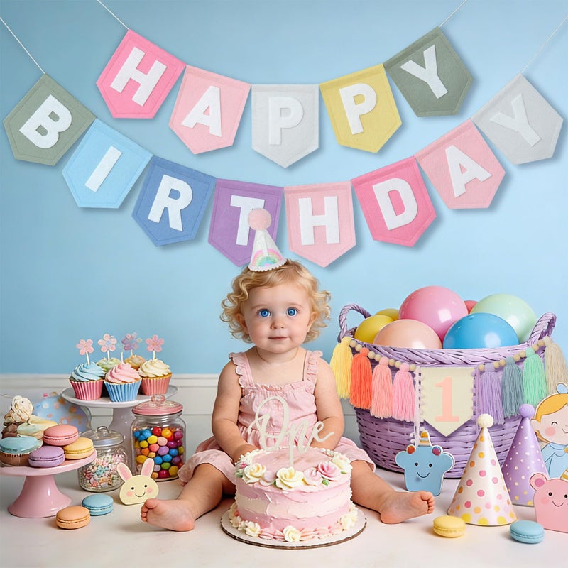 DCJHFJ Pastel Macaron Rainbow High Chair Banner Felt Happy Birthday Banner Pre-Strung Birthday Party Decorations For 1st Girl Birthday Backdrop - Image 2