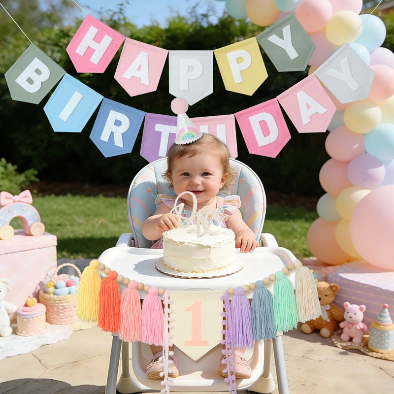 DCJHFJ Pastel Macaron Rainbow High Chair Banner Felt Happy Birthday Banner Pre-Strung Birthday Party Decorations For 1st Girl Birthday Backdrop - Image 3