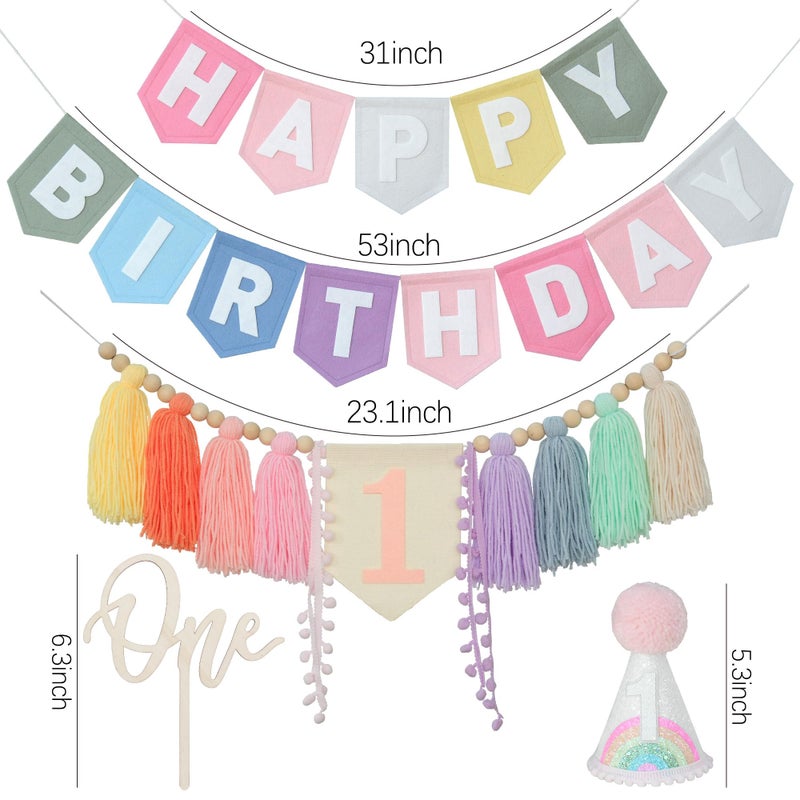 DCJHFJ Pastel Macaron Rainbow High Chair Banner Felt Happy Birthday Banner Pre-Strung Birthday Party Decorations For 1st Girl Birthday Backdrop - Image 4