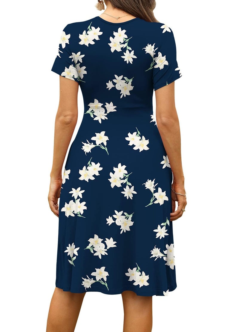 WEACZZY Women Summer Casual Short Sleeve Dresses V-Neck Floral Sundress with Pockets,Floral Navy Lily,XL - Image 3