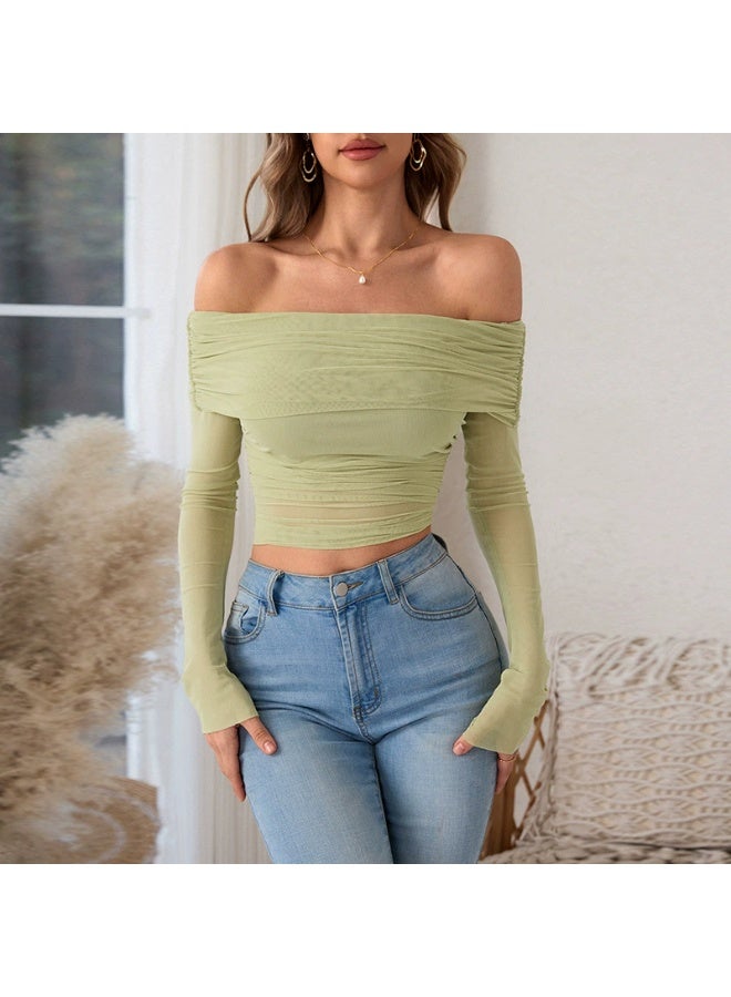 general Fashion Temperament A Line Shoulder Slim Mesh Long Sleeve Short top Woman - Image 1