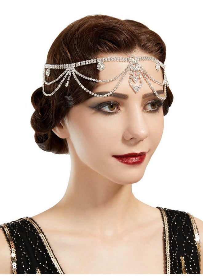 SWEETV Roaring 20S Crystal Rhinestone Head Chain Jewelry Silver Headpiece Hair Accessories For Women  - Image 1
