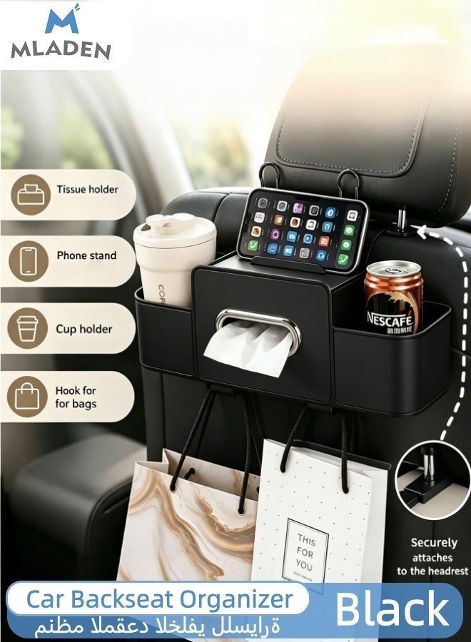 MLADEN 4-in-1 Car Seat Back Organizer, Leather Headrest Storage Bag with Phone, Cup, Tissue Holders & Hook for Car, Truck, SUV – Multifunctional Vehicle Back Seat Storage Box, Universal Fit, Durable, Space-Saving（Black） - Image 1