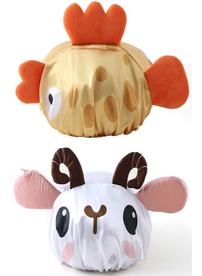 Foyadi Bath Reusable Shower Caps Designed for Baby, Kids, Children,Long/Thick Hair, Cute, Waterproof, Cartoon Animal, Double Layer Bathing Hat for Boys, Girls, Women(Yellow Fish, Cute Sheep) - Image 1