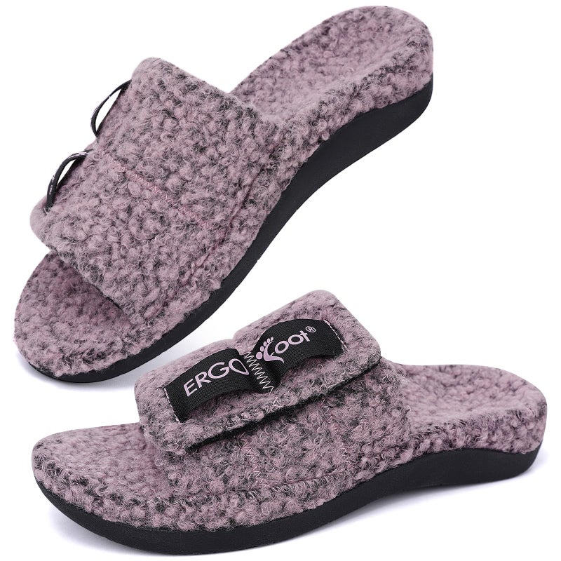 ERGOfoot Fuzzy House Slippers with Arch Support for Women Men, Orthopedic Slide Slippers for Plantar Fasciitis Open Toe Indoor House Shoes with Adjustable Straps, Foot Pain Relief/Pink Purple Marl - Image 1