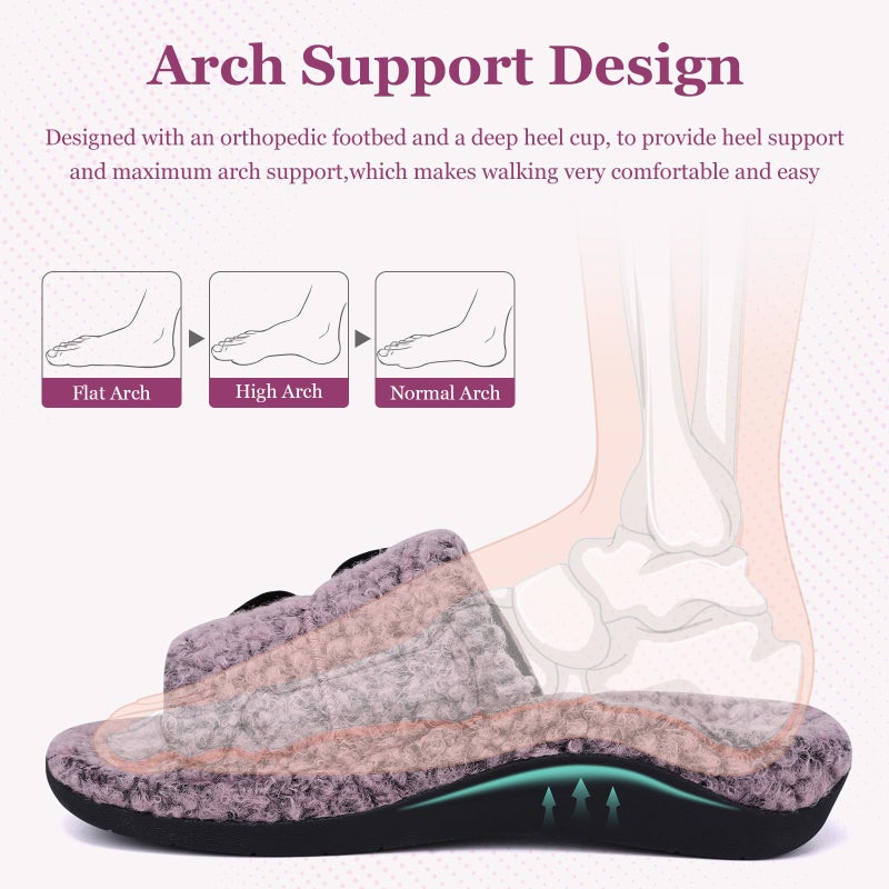 ERGOfoot Fuzzy House Slippers with Arch Support for Women Men, Orthopedic Slide Slippers for Plantar Fasciitis Open Toe Indoor House Shoes with Adjustable Straps, Foot Pain Relief/Pink Purple Marl - Image 3