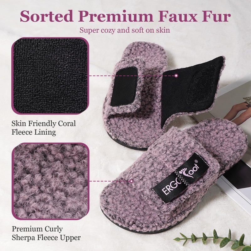 ERGOfoot Fuzzy House Slippers with Arch Support for Women Men, Orthopedic Slide Slippers for Plantar Fasciitis Open Toe Indoor House Shoes with Adjustable Straps, Foot Pain Relief/Pink Purple Marl - Image 4