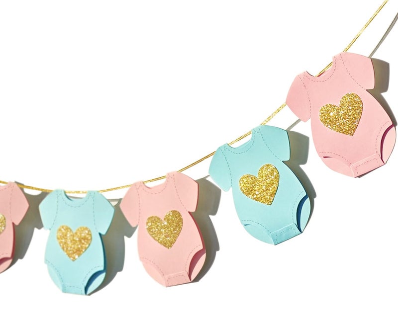 Letjolt Blue Pink Baby Shower Paper Garland ShortSleeve Bodysuits Clothesline Garland Gender Reveal Birthday Banner Baby Outfit Pre Strung Paper Decorations 9 pcs - Image 2