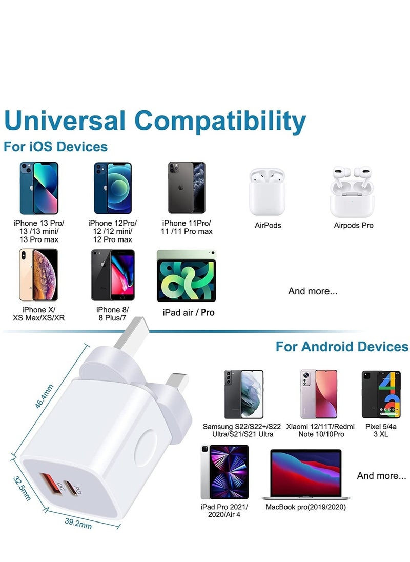 Galaxy A13/A12/A23/A52s/A32/A33/A22/Z Fold 4/Z Flip 4 USB C Charger Plug,20W Dual Ports PD & QC 3.0 Mains Wall Charger Plug,Type C Plug Fast Charging Power Adapter With Samsung Galaxy A13,iPhone12/13