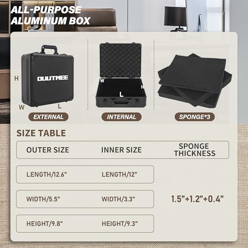 OUUTMEE 12.6 Inch Carrying Case With Customizable Pre-Diced Foam, Aluminum Alloy Sturdy Build, Ideal for Microphone, Equiment, Camera, Tools, Recorder, etc - Image 5