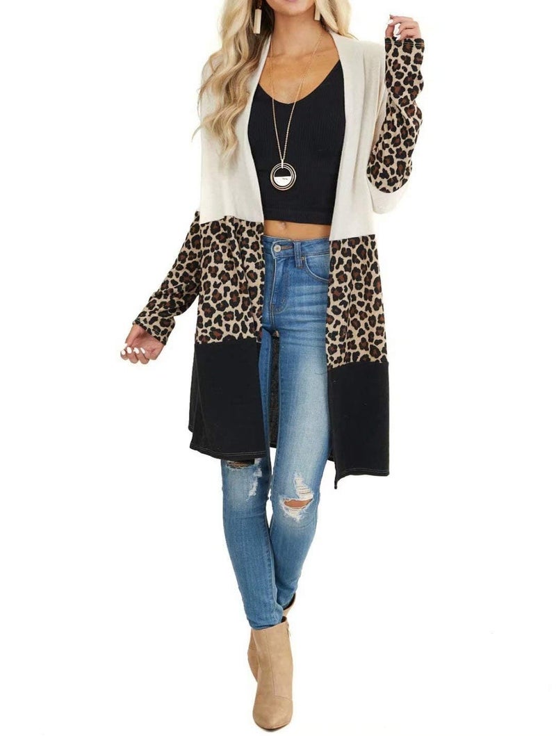 Lacozy Women's Open Front Long Leopard Cardigan Casual Color Block Cardigans Knit Shirt Leopard Printed XL - Image 1