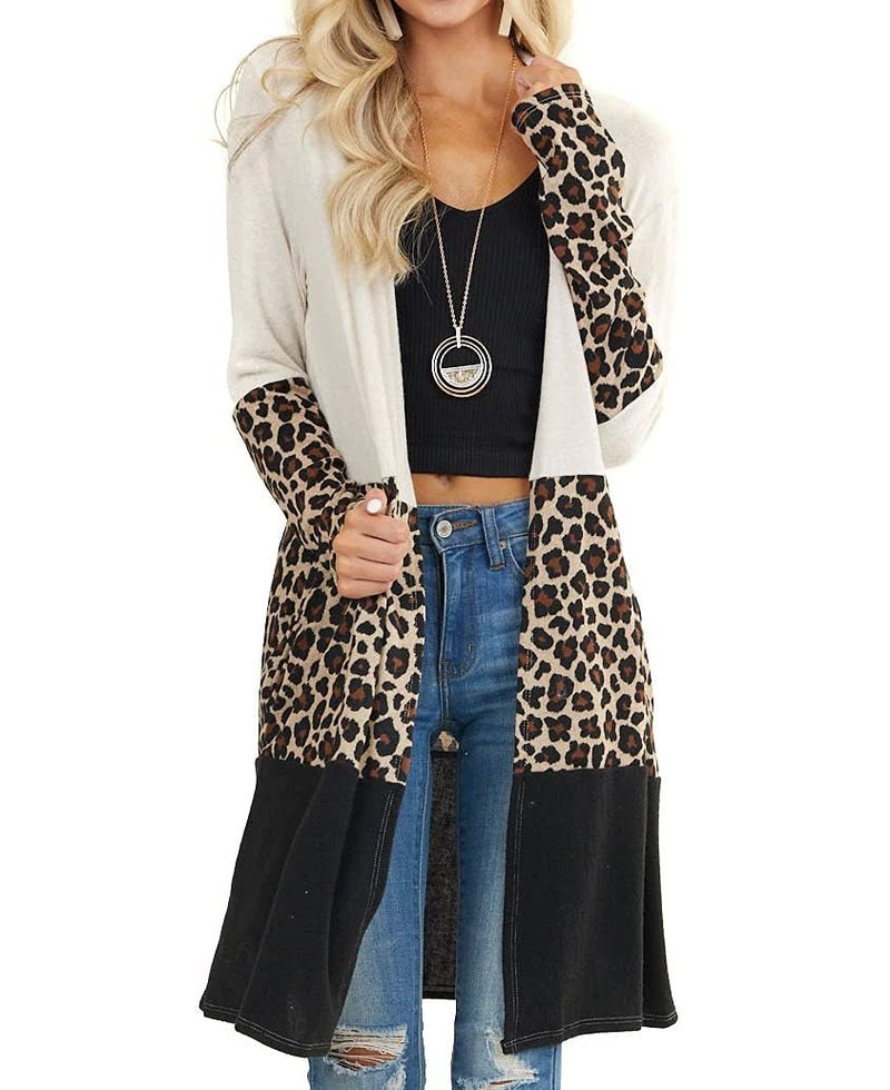 Lacozy Women's Open Front Long Leopard Cardigan Casual Color Block Cardigans Knit Shirt Leopard Printed XL - Image 2