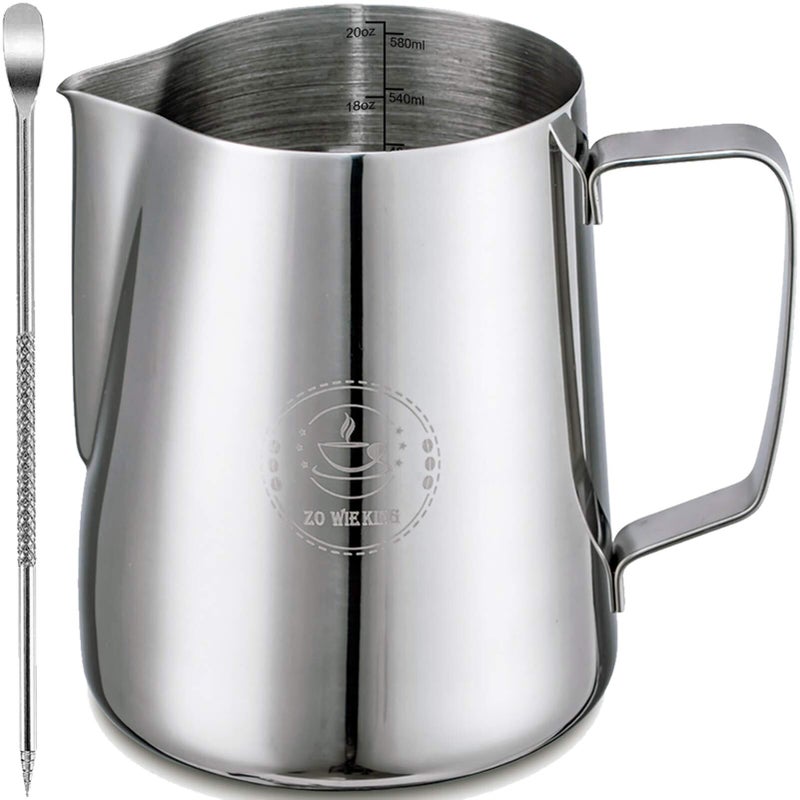 ZOWIE KING Milk Frothing Pitcher 20oz Espresso Steaming Pitcher Machine Accessories Cappuccino Latte Art Stainless Steel Jug Cup With Decorating Art Pen 