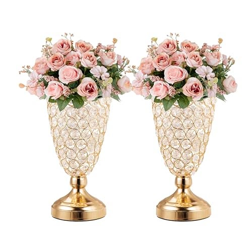 Bigsee Gold Crystal Trumpet Floral Vase 2 Pcs Centerpieces for Wedding Table 106 Wrought Iron Crystal Vase Flower Vases for Party Dinner Centerpiece Event Anniversary Ceremony Birthday Home Decoration - Image 1