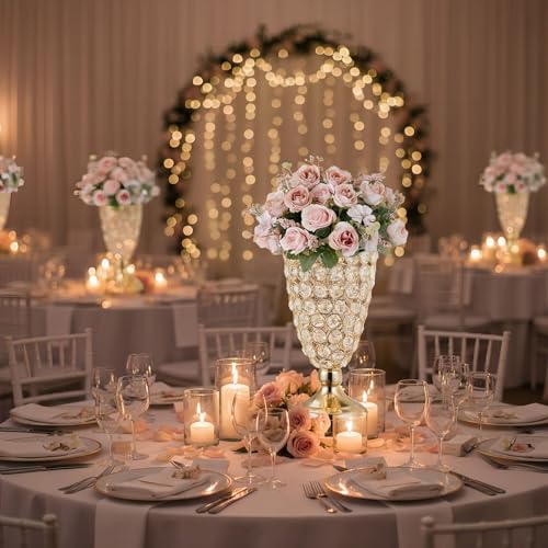 Bigsee Gold Crystal Trumpet Floral Vase 2 Pcs Centerpieces for Wedding Table 106 Wrought Iron Crystal Vase Flower Vases for Party Dinner Centerpiece Event Anniversary Ceremony Birthday Home Decoration - Image 3