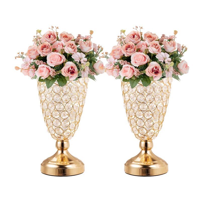 Bigsee Gold Crystal Trumpet Floral Vase 2 Pcs Centerpieces for Wedding Table 106 Wrought Iron Crystal Vase Flower Vases for Party Dinner Centerpiece Event Anniversary Ceremony Birthday Home Decoration - Image 2
