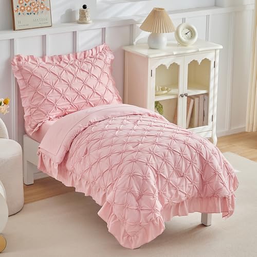 DuShow Princess Toddler Bedding Set for Girls4 Pieces Ruffles Toddler Bed SetUltra Soft Kids Pink Sheet Set Includes ComforterFlat SheetFitted Sheet and Pillowcase - Image 3