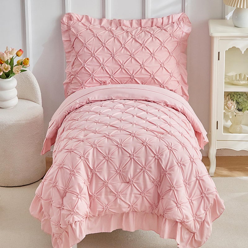 DuShow Princess Toddler Bedding Set for Girls4 Pieces Ruffles Toddler Bed SetUltra Soft Kids Pink Sheet Set Includes ComforterFlat SheetFitted Sheet and Pillowcase - Image 2